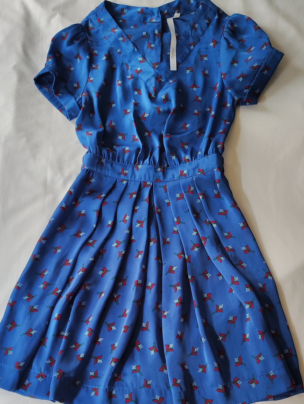 Reformed Blue Floral-Print Pleated Midi Dress with Puff Sleeves XS